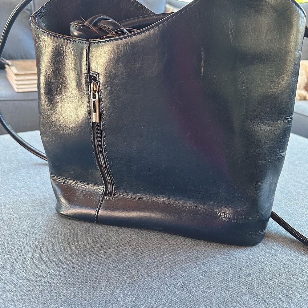 Navy blue leather hand bag/backpack from Madrid Spain